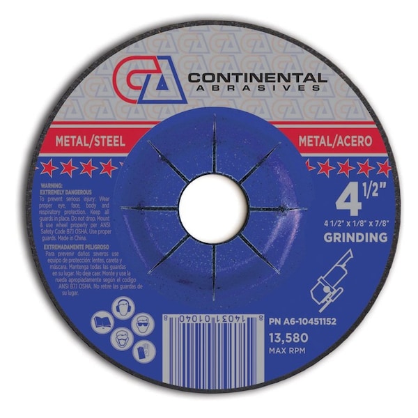 Continental Abrasives 4-1/2" x 1/8" x 7/8" Signature T27 Depressed Center Cutting and Grinding and Notching Wheel A6-10451152 - main